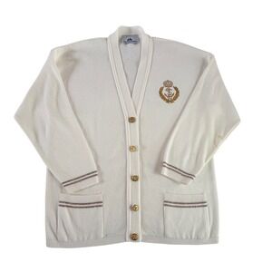 Bay Point Threads Womens Medium Cream Nautical Anchor Crown Cardigan Sweater VTG